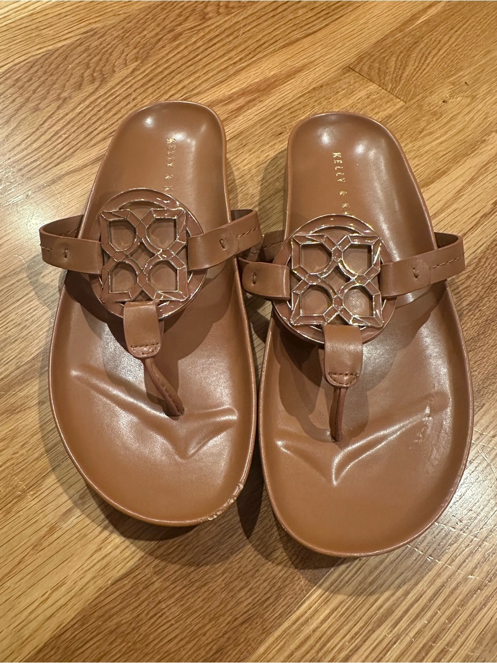 Kelly & Katie Tan Brown Leather Thong Sandals with Decorative Medallion